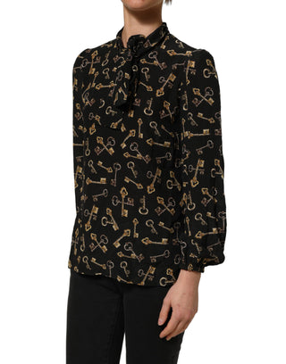 Black Keys Print Silk Tie Neck Blouse Top