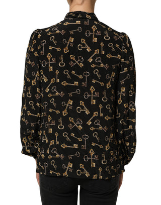 Black Keys Print Silk Tie Neck Blouse Top
