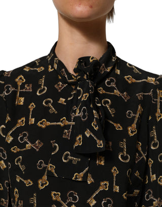 Black Keys Print Silk Tie Neck Blouse Top