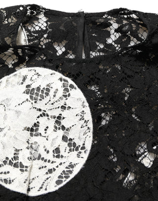 Black White Floral Lace Short Sleeve Blouse Top