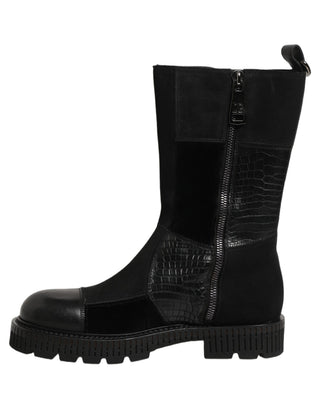 Botas de cuero negro con parche hasta media pantorrilla