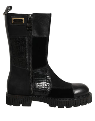 Botas de cuero negro con parche hasta media pantorrilla