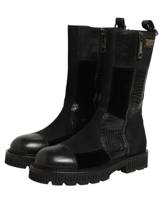 Black Patchwork Leather Mid Calf Boots Shoes