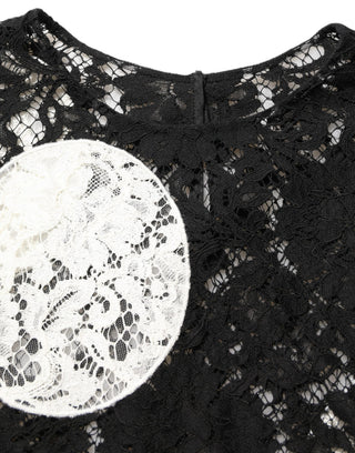 Black White Floral Lace Short Sleeve Blouse Top