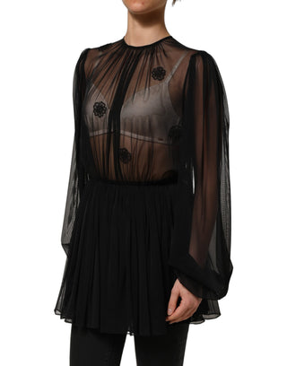 Black Polyester Mesh Sheer Crewneck Blouse Top