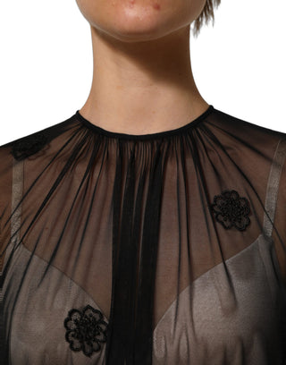 Black Polyester Mesh Sheer Crewneck Blouse Top