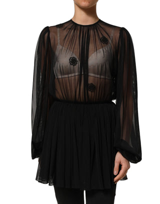 Black Polyester Mesh Sheer Crewneck Blouse Top