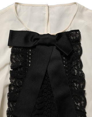 White Lace Trim Bow Short Sleeves Blouse Top