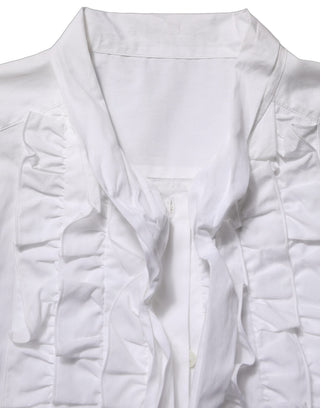 White Ruffled Bib Long Sleeves Blouse Top