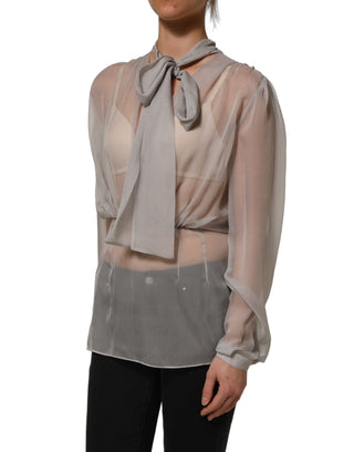Gray Sheer Silk Chiffon Shirt Bow Collar Top