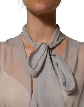 Gray Sheer Silk Chiffon Shirt Bow Collar Top