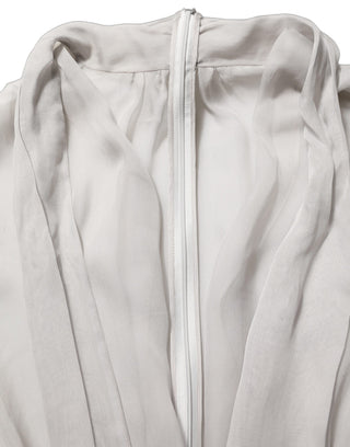 Gray Sheer Silk Chiffon Shirt Bow Collar Top