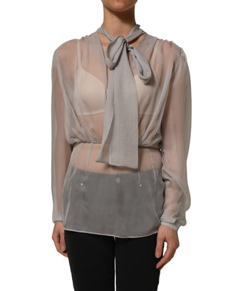 Gray Sheer Silk Chiffon Shirt Bow Collar Top
