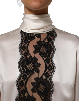 White satin Lace Trim LOng Sleeves Blouse Top