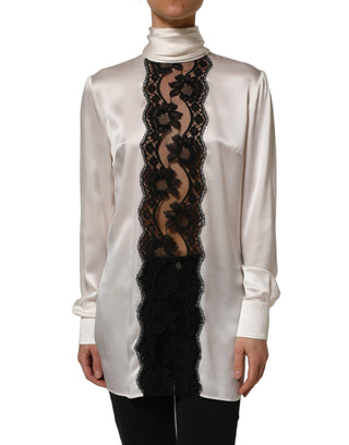 White satin Lace Trim LOng Sleeves Blouse Top