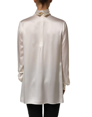 White satin Lace Trim LOng Sleeves Blouse Top