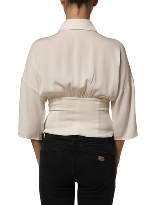Off White Ascot Collar Long Sleeves Blouse Top