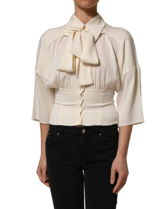Off White Ascot Collar Long Sleeves Blouse Top