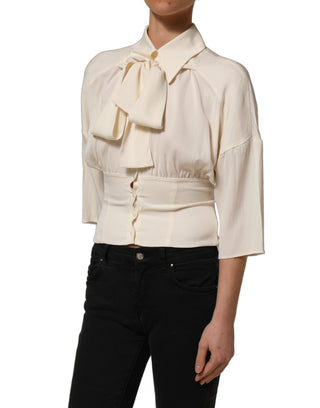 Off White Ascot Collar Long Sleeves Blouse Top