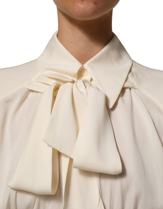 Off White Ascot Collar Long Sleeves Blouse Top