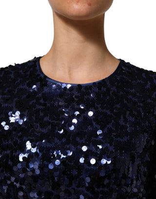 Blue Sequined Long Sleeves Crop Blouse Top