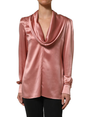 Pink Satin Silk V-neck Long Sleeves Blouse Top