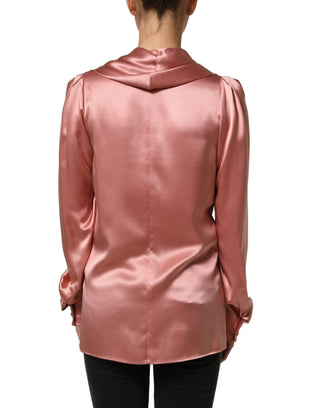 Pink Satin Silk V-neck Long Sleeves Blouse Top
