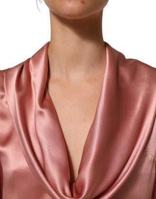 Pink Satin Silk V-neck Long Sleeves Blouse Top