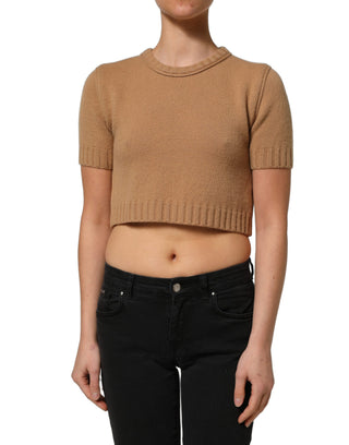 Brown Wool Short Sleeves Cropped Blouse Top