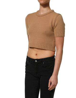 Brown Wool Short Sleeves Cropped Blouse Top