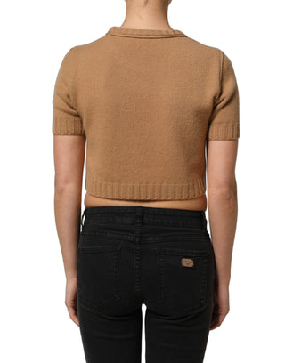 Brown Wool Short Sleeves Cropped Blouse Top