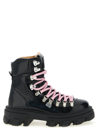 Black Polyester Lace-Up Boots
