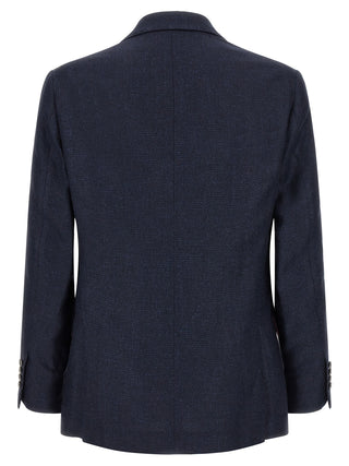 Traje de dos piezas de seda azul