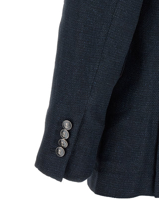 Traje de dos piezas de seda azul