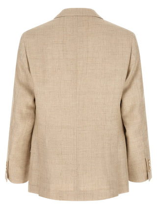 Traje de dos piezas de seda beige