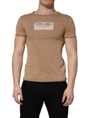 Brown Cotton Logo Patch Round Neck T-shirt
