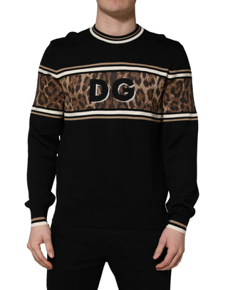 Black Leopard Wool Crew Neck Men Pullover Sweater