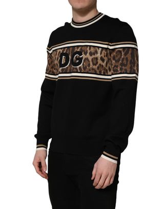 Black Leopard Wool Crew Neck Men Pullover Sweater