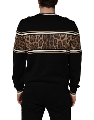 Black Leopard Wool Crew Neck Men Pullover Sweater