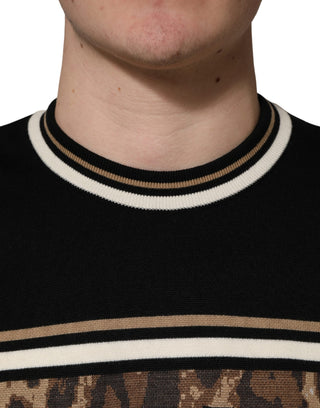Black Leopard Wool Crew Neck Men Pullover Sweater