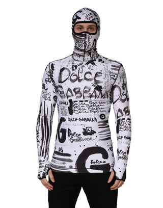 White Jersey Graffiti Print Balaclava Hood Sweater