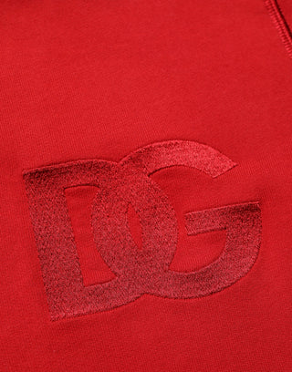 Red Embroidered Logo Hooded Full Zip Sweater