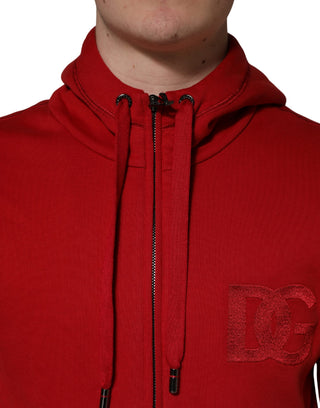 Red Embroidered Logo Hooded Full Zip Sweater