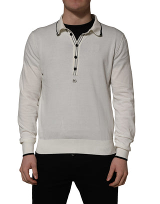 White Cotton Blend Men Polo Pullover Sweater