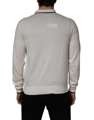 White Cotton Blend Men Polo Pullover Sweater