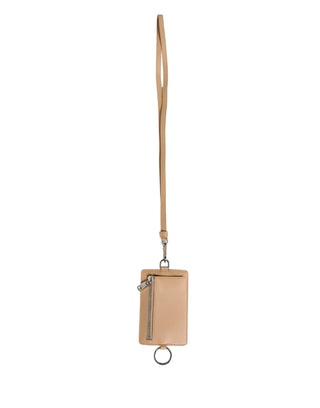 Beige Leather Logo Embossed Lanyard Card Holder Wallet