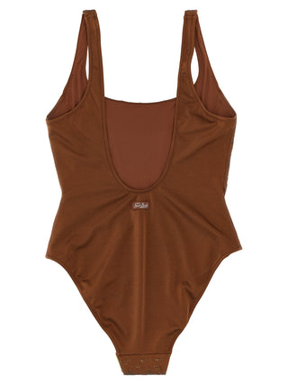Brown Polyester One-Piece Swimsuit