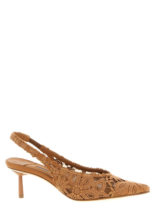 Brown Cotton Mid Heel Pumps