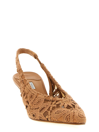 Brown Cotton Mid Heel Pumps