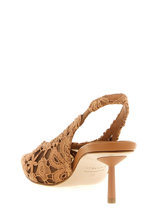 Brown Cotton Mid Heel Pumps